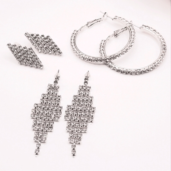 NWT nOir 3 piece earring set, straight post dangle stud and hoop bridal set $168 - Picture 7 of 9